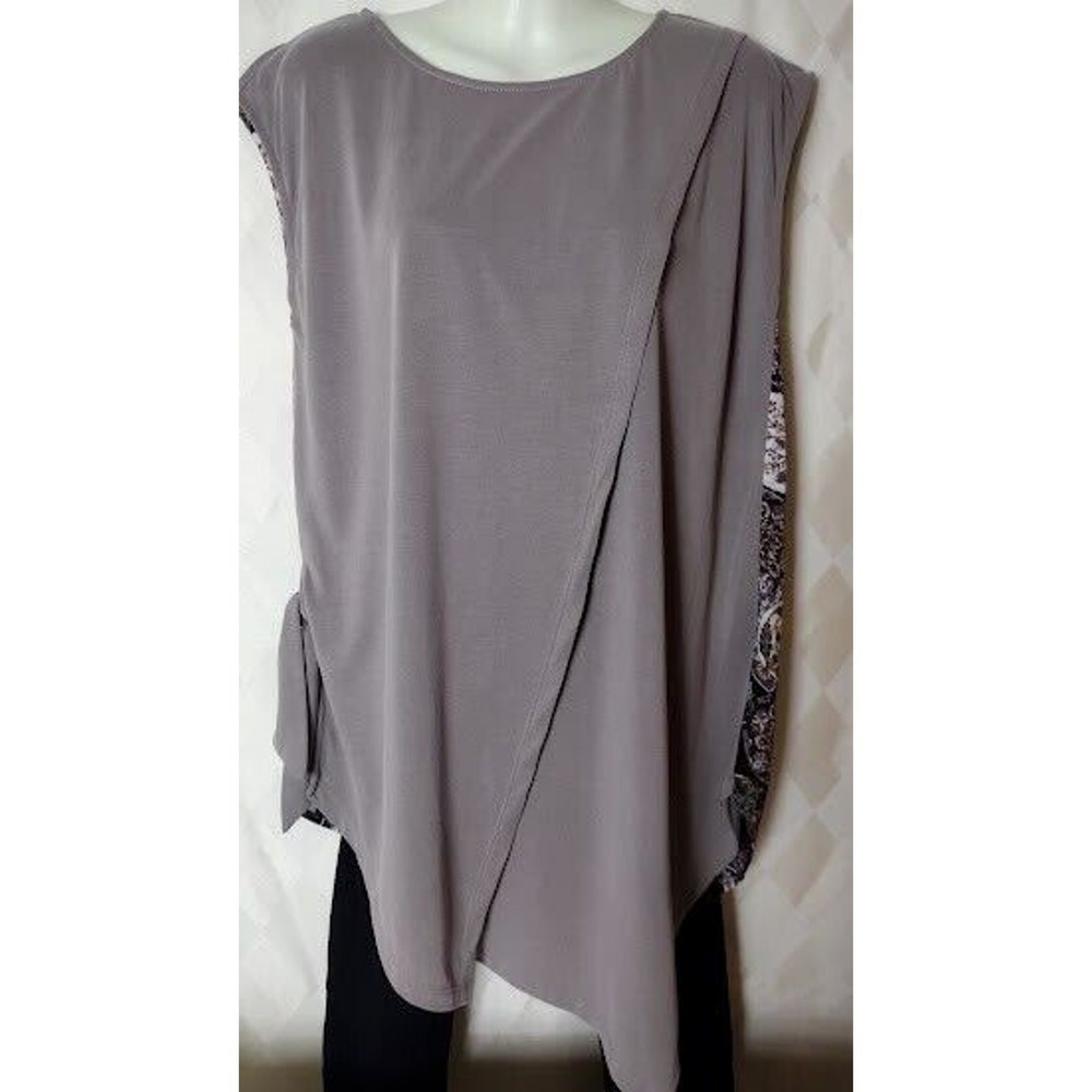 Mystree‎ Cap Sleeve Draped Tunic w/Printed Back, NWT Taupe/Multi, Size S
